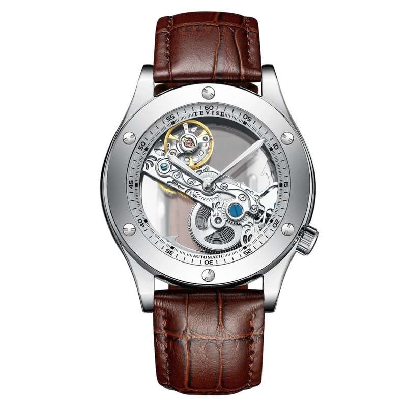 Retail: R2,399.00 TEVISE ® Men's Aigon Hollow Automatic Leather SILVER / BROWN Watch BRAND NEW