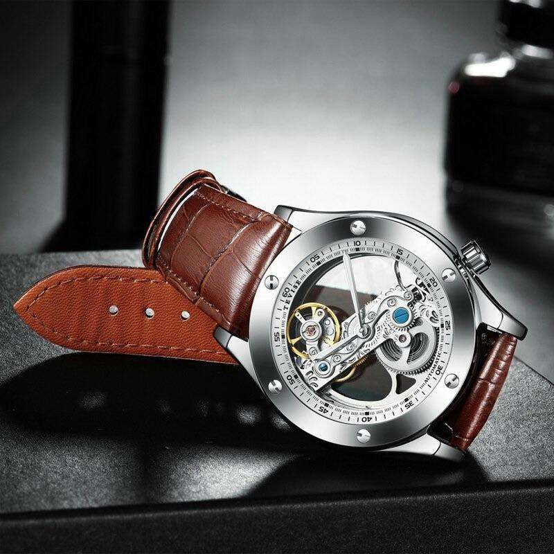 Retail: R2,399.00 TEVISE ® Men's Aigon Hollow Automatic Leather SILVER / BROWN Watch BRAND NEW