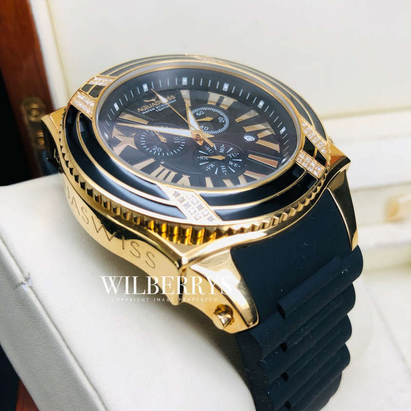 Retail: R28,500.00 Aquaswiss AQUANAUT DIAMOND 18k Gold pl. THICK/HEAVY Chrono Watch BRAND NEW
