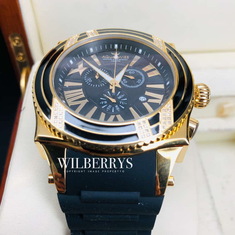 Retail: R28,500.00 Aquaswiss AQUANAUT DIAMOND 18k Gold pl. THICK/HEAVY Chrono Watch BRAND NEW