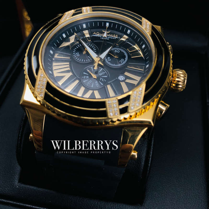 Retail: R28,500.00 Aquaswiss AQUANAUT DIAMOND 18k Gold pl. THICK/HEAVY Chrono Watch BRAND NEW