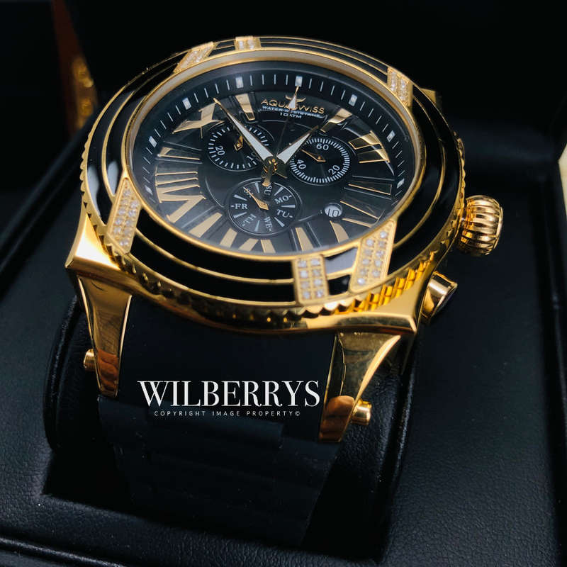 Retail: R28,500.00 Aquaswiss AQUANAUT DIAMOND 18k Gold pl. THICK/HEAVY Chrono Watch BRAND NEW