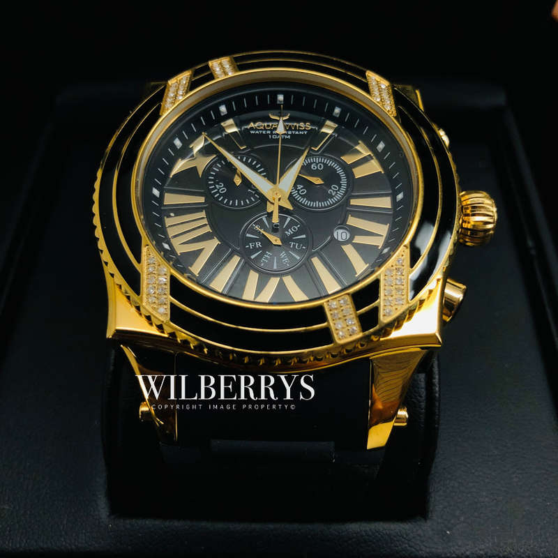 Retail: R28,500.00 Aquaswiss AQUANAUT DIAMOND 18k Gold pl. THICK/HEAVY Chrono Watch BRAND NEW