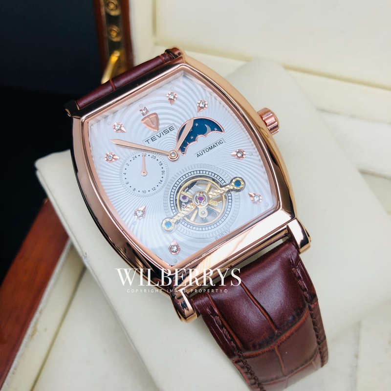 Retail: R2,899.00 TEVISE ® Men's Tonneux Tourbi Moonphase Automatic Brown Leather Watch BRAND NEW