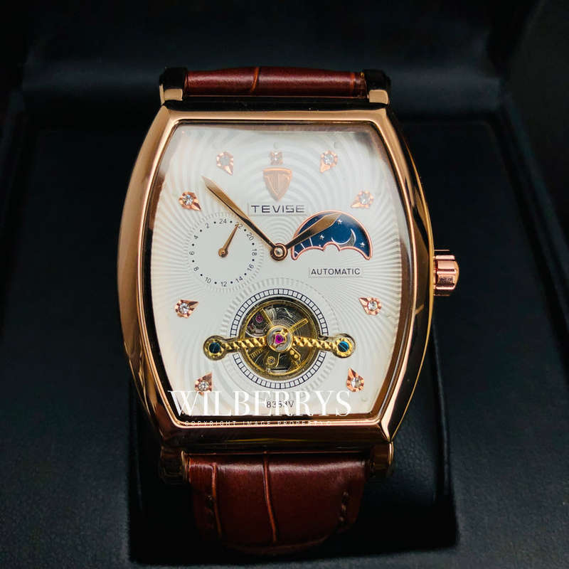 Retail: R2,899.00 TEVISE ® Men's Tonneux Tourbi Moonphase Automatic Brown Leather Watch BRAND NEW