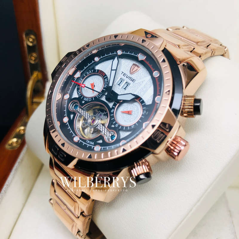 Retail: R2,799.00 TEVISE ® Men's El Diablo AUTOMATIC FULL ROSE GOLD pl Watch BRAND NEW