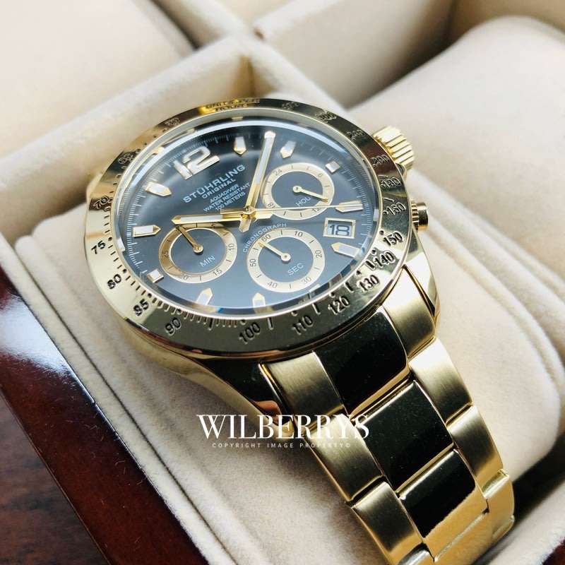 Retail: R9,000.00 Stuhrling Original Men's Aquadiver FULL GOLD pl. Chronograph Watch BRAND NEW
