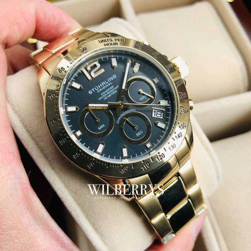 Retail: R9,000.00 Stuhrling Original Men's Aquadiver FULL GOLD pl. Chronograph Watch BRAND NEW