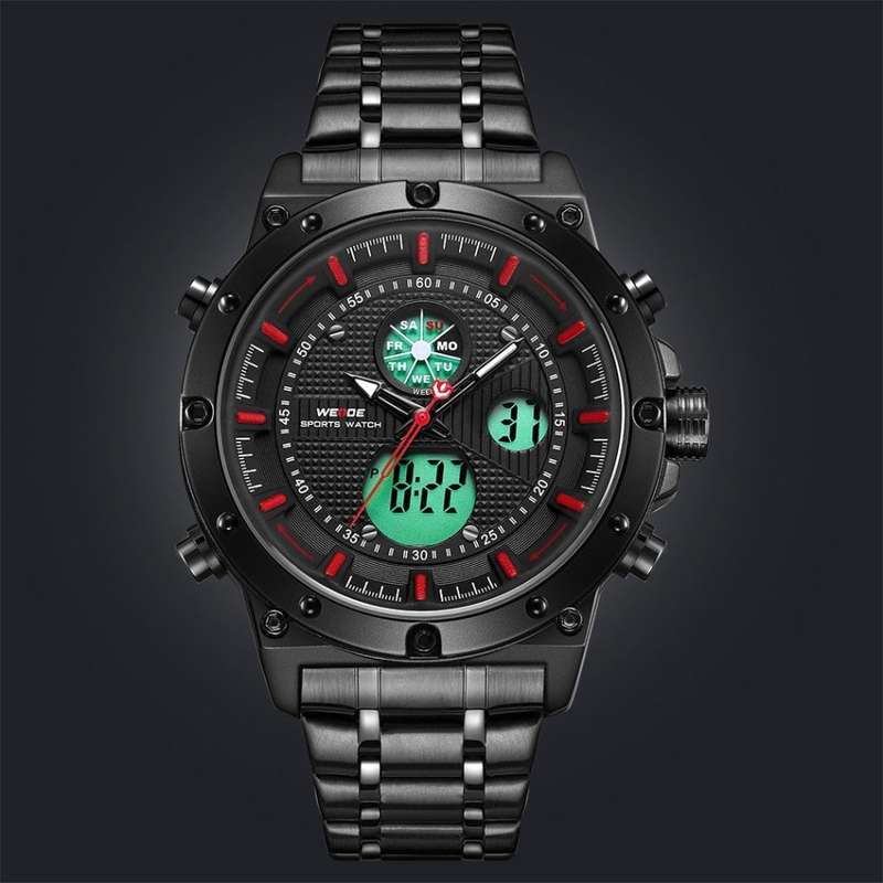 WEIDE Men's GOBLIN Ionic Steel 48mm Red Trim Dual Time + ALARM Watch BRAND NEW official SA store