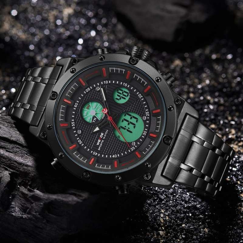 WEIDE Men's GOBLIN Ionic Steel 48mm Red Trim Dual Time + ALARM Watch BRAND NEW official SA store