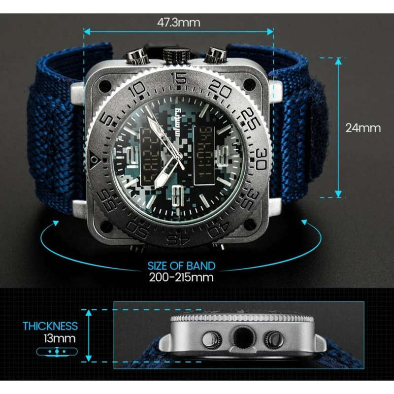 Retail: R3,999.00 INFANTRY MILITARY CO. Men's Tank ACU Nylon 47mm BIG Dual Movement Watch Blue NEW