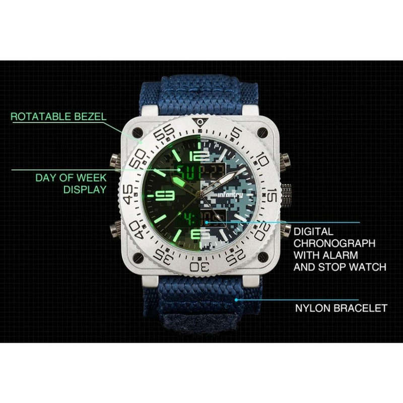 Retail: R3,999.00 INFANTRY MILITARY CO. Men's Tank ACU Nylon 47mm BIG Dual Movement Watch Blue NEW