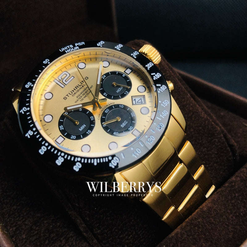 Retail: R9,000.00 Stuhrling Original Men's Aquadiver FULL GOLD pl. Chronograph Watch BRAND NEW