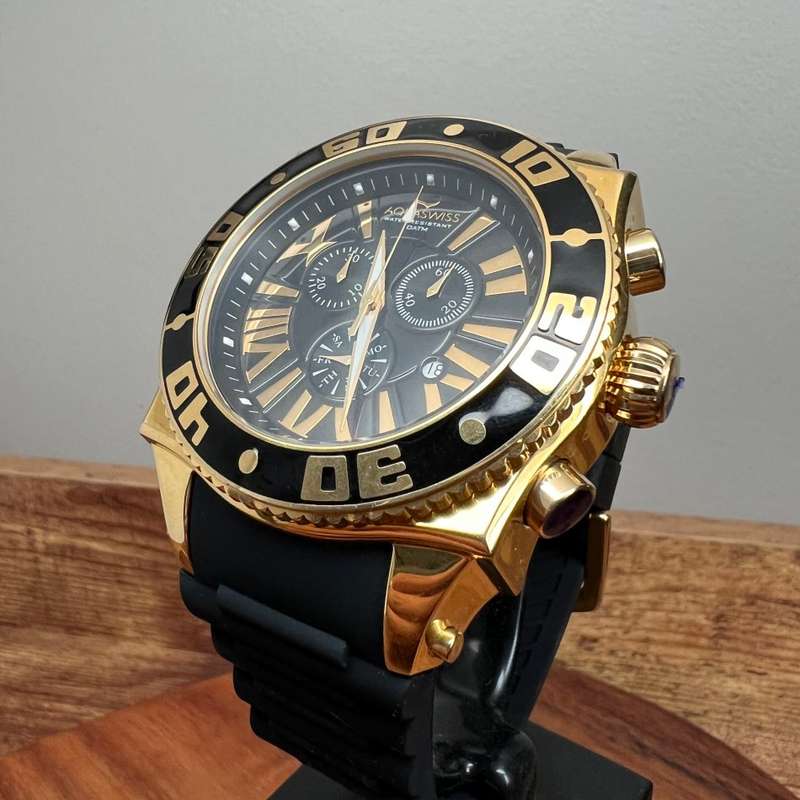 Retail: R18,500.00 Aquaswiss AQUANAUT 18k Gold pl. Silicone THICK/HEAVY Chrono Watch BRAND NEW