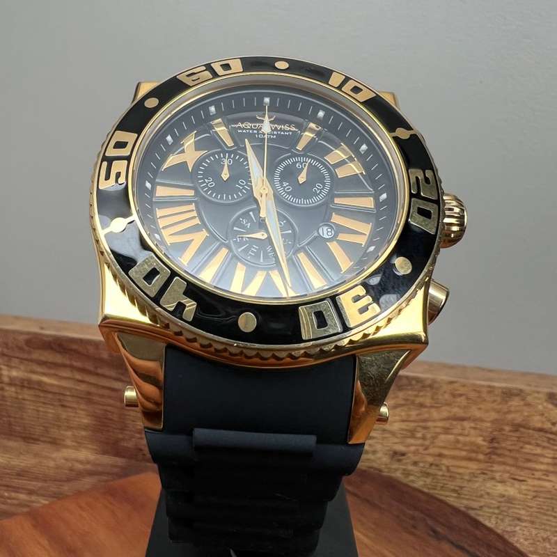 Retail: R18,500.00 Aquaswiss AQUANAUT 18k Gold pl. Silicone THICK/HEAVY Chrono Watch BRAND NEW
