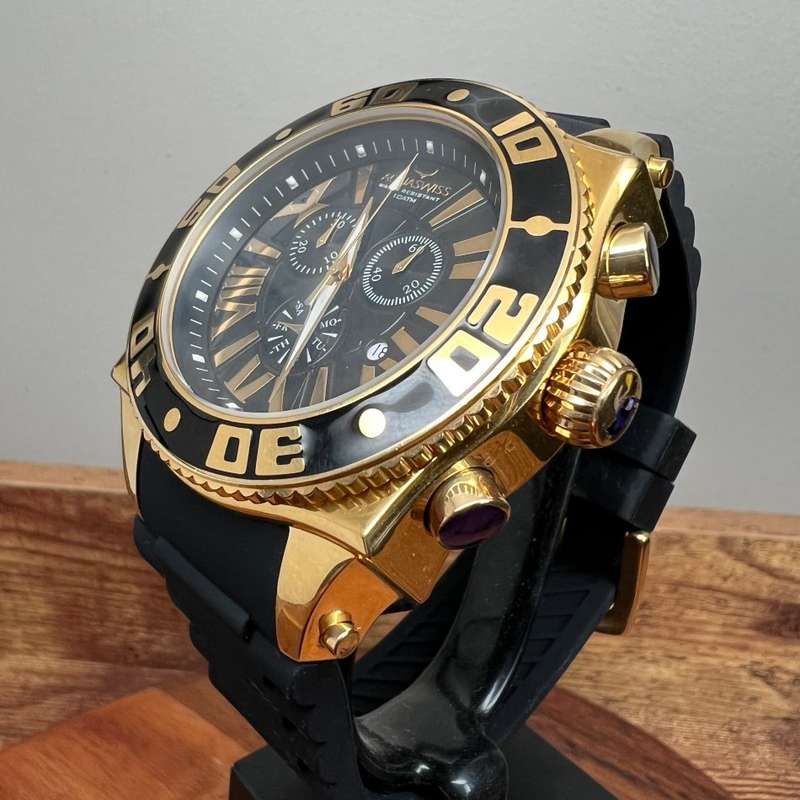 Retail: R18,500.00 Aquaswiss AQUANAUT 18k Gold pl. Silicone THICK/HEAVY Chrono Watch BRAND NEW
