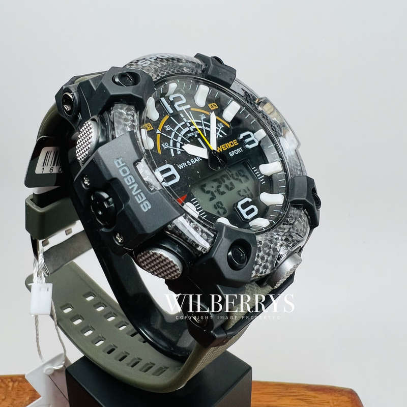 WEIDE Men's SHOCK PROOF MUD GATOR 50m CARBON Black/Green Watch BRAND NEW official SA store