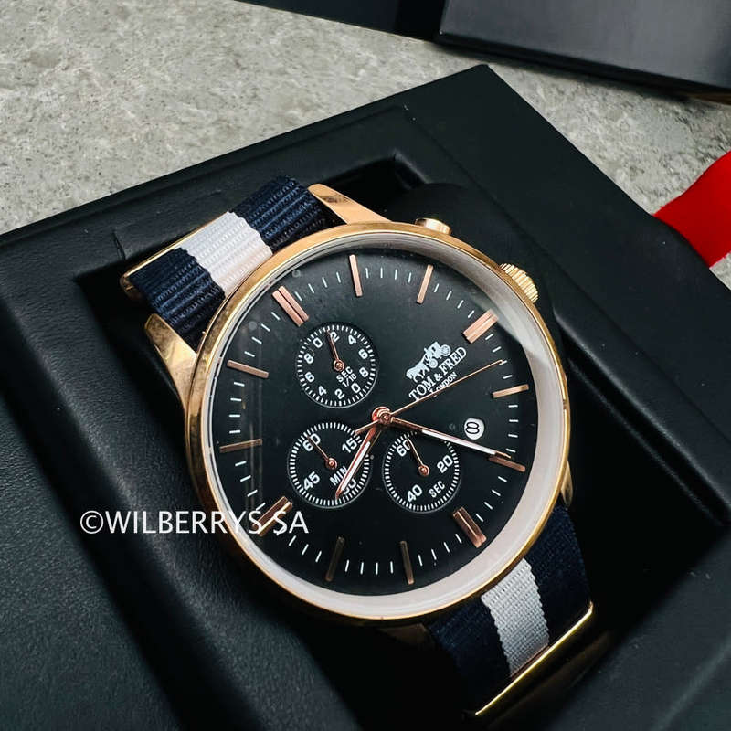 good condition 8.5/10*** rrp: R2,500.00 TOM & FRED Piper Chronograph Watch Nylon Nautical strap