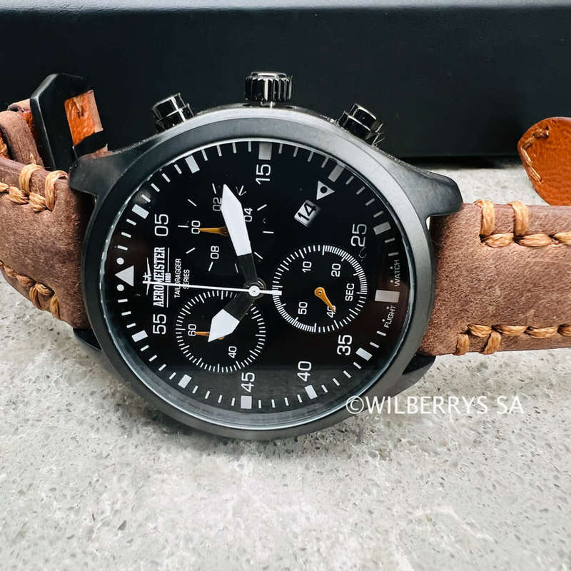 Retail: R8,900.00 Aeromeister 1880 Amsterdam Men`s EVOLUTION STEEL Chronograph Watch + FLIGHT TIN