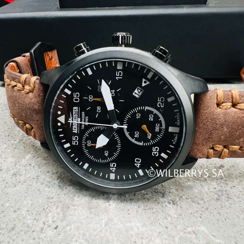 Retail: R8,900.00 Aeromeister 1880 Amsterdam Men`s EVOLUTION STEEL Chronograph Watch + FLIGHT TIN
