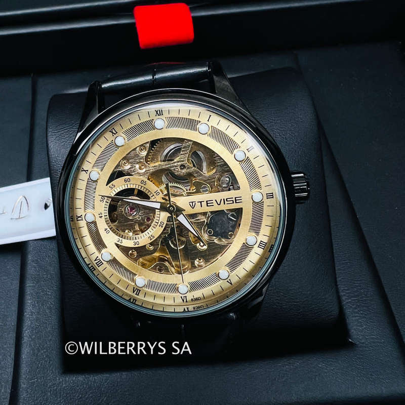 Retail: R2,399.00 TEVISE® Mens Dream AUTOMATIC Skeleton Gold/Black Watch
