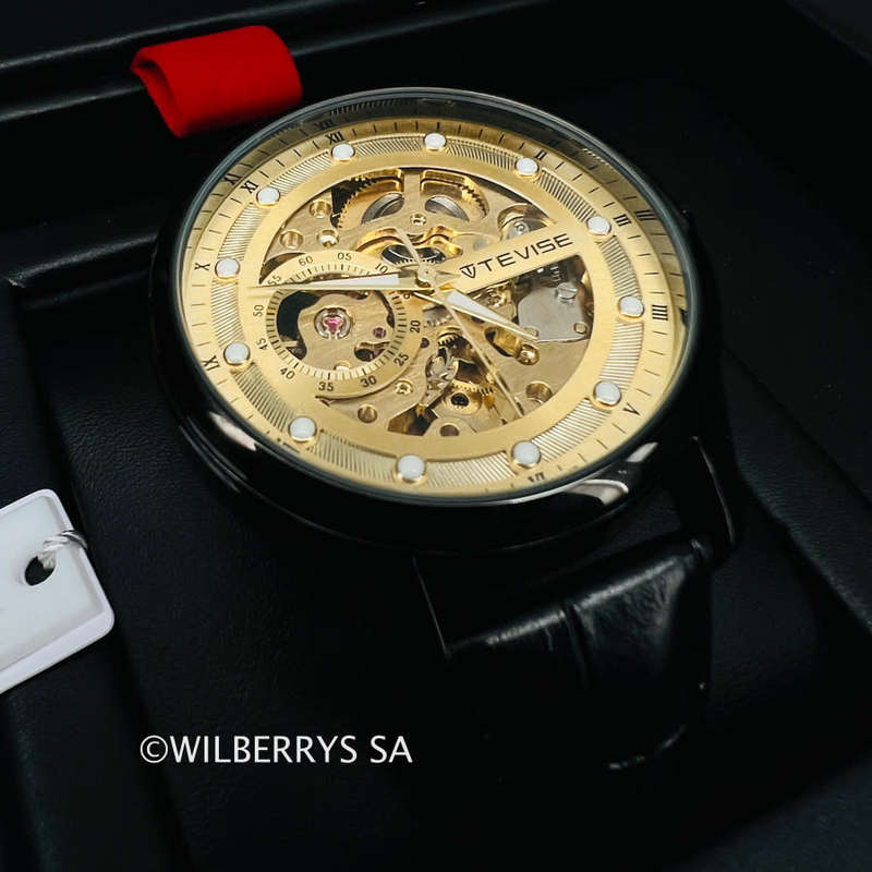 Retail: R2,399.00 TEVISE® Mens Dream AUTOMATIC Skeleton Gold/Black Watch