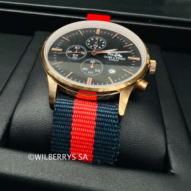 good condition 9/10*** rrp: R2,500.00 TOM & FRED Piper Chronograph Watch Nylon Nautical strap