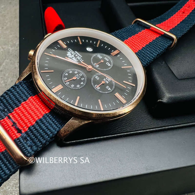good condition 9/10*** rrp: R2,500.00 TOM & FRED Piper Chronograph Watch Nylon Nautical strap