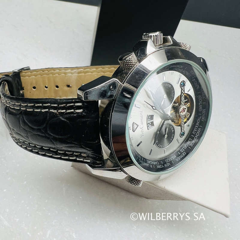 non functional Yves Camani genuine leather silver surfer watch