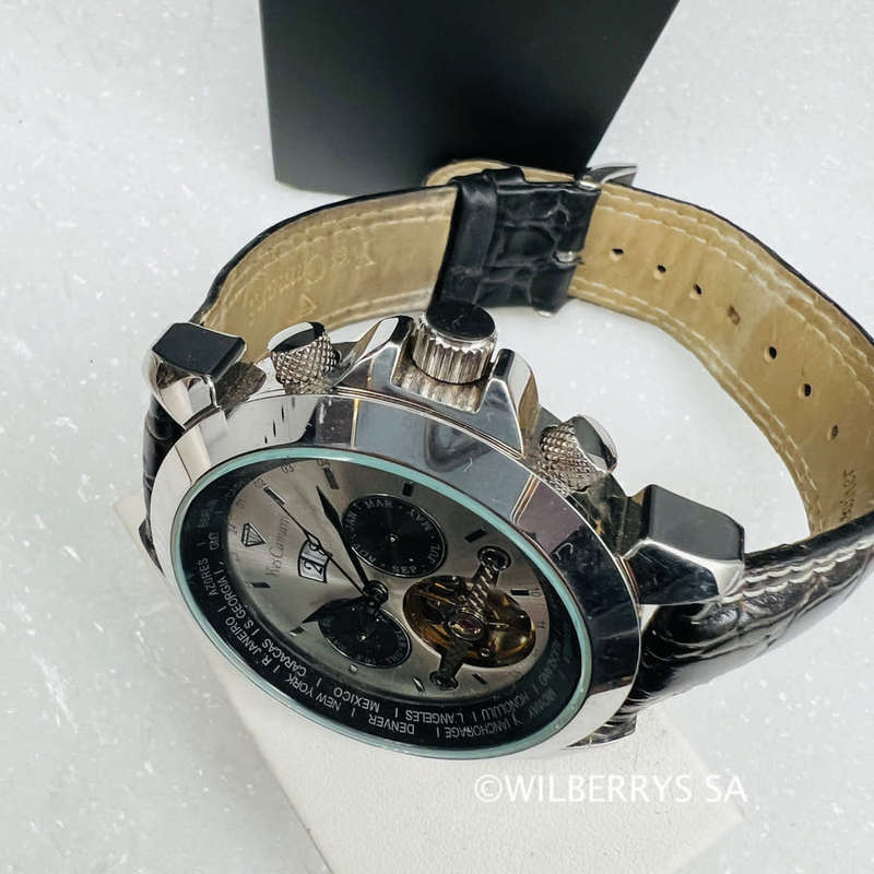 non functional Yves Camani genuine leather silver surfer watch
