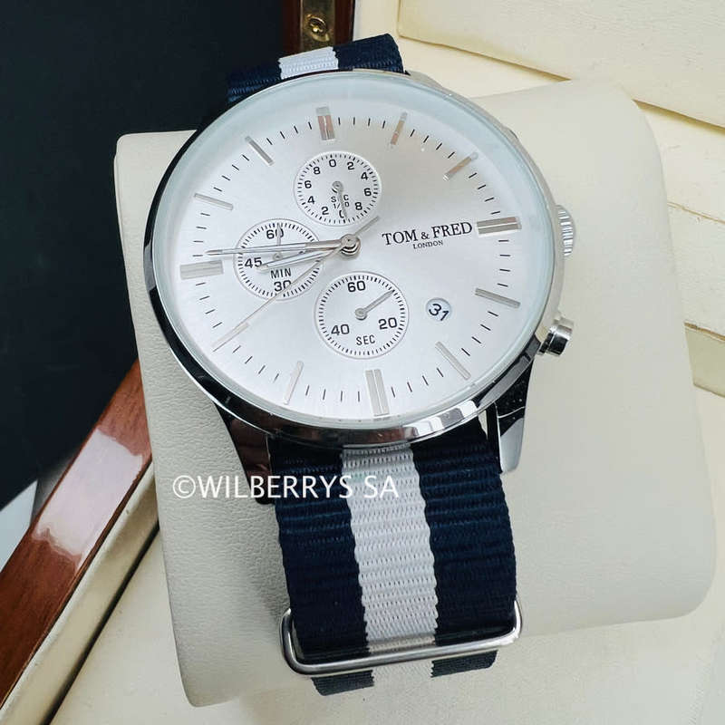 TOM & FRED Piper Chronograph Ice Silver Watch with Nylon Nautical Strap
