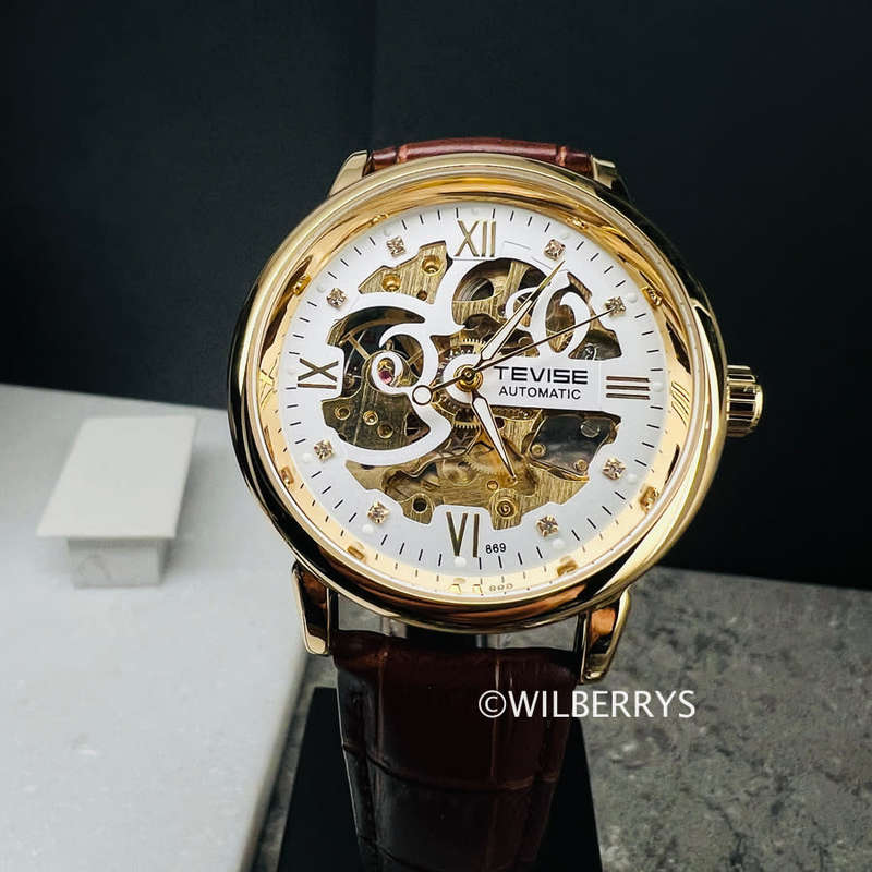 TEVISE Men`s Metropolis Leather Gold/White Watch