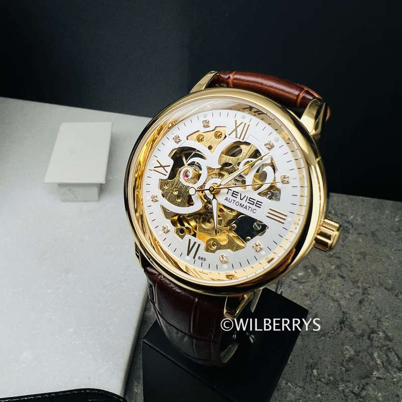 TEVISE Men`s Metropolis Leather Gold/White Watch