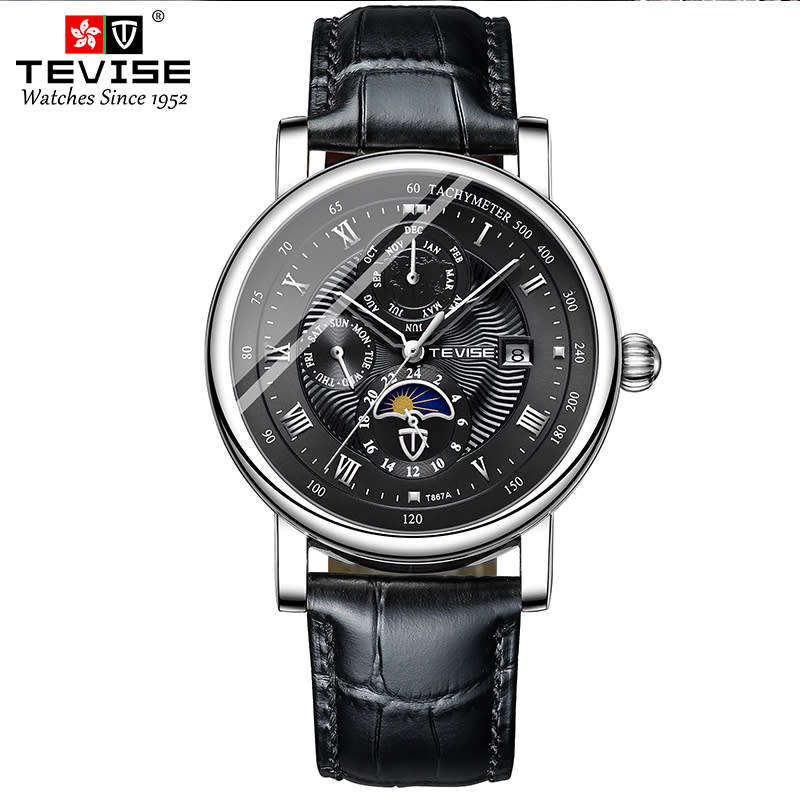 TEVISE ® Mens Namura Moonphase 45mm Tourbi Automatic Leather Watch