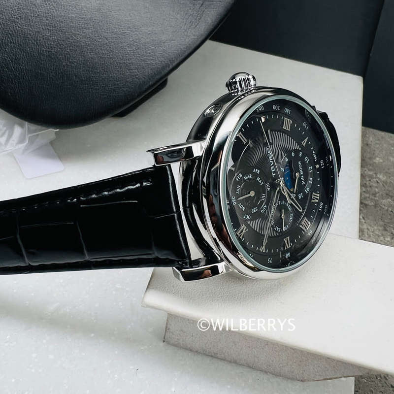 TEVISE ® Mens Namura Moonphase 45mm Tourbi Automatic Leather Watch