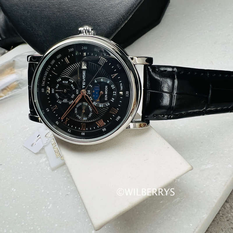 TEVISE ® Mens Namura Moonphase 45mm Tourbi Automatic Leather Watch