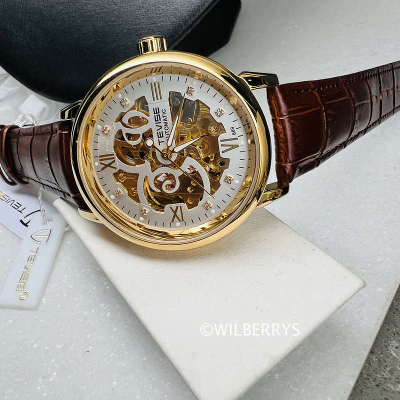 TEVISE Men`s Metropolis Leather Gold/White Watch
