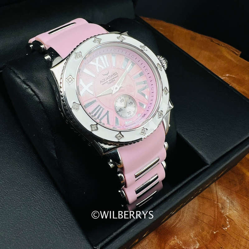 good condition 9/10 Aquaswiss Women`s Swissport 22 Diamond Watch with Paris Pink Silicone Strap
