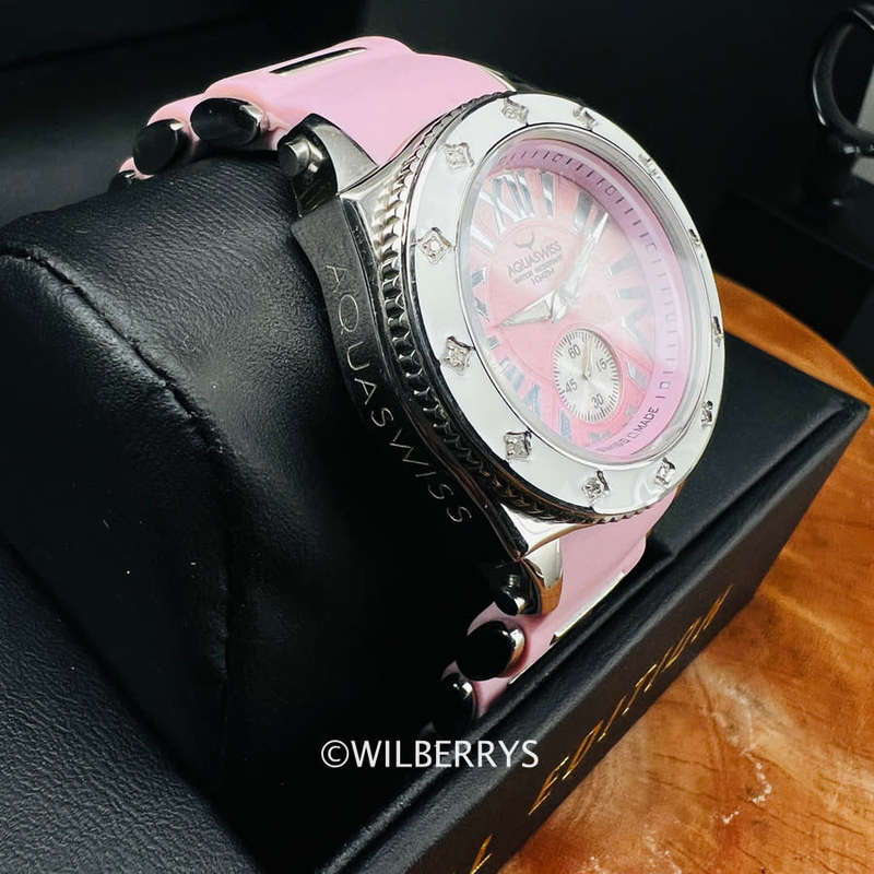 good condition 9/10 Aquaswiss Women`s Swissport 22 Diamond Watch with Paris Pink Silicone Strap