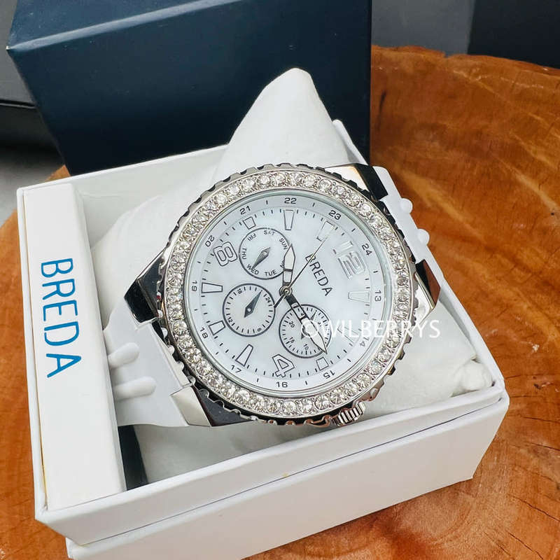 BREDA Women`s Glamor Crystal Watch with Silicone Snow White Strap