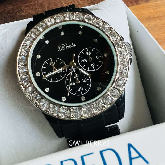 BREDA Women`s Glamor Crystal Watch with Resin Black Strap