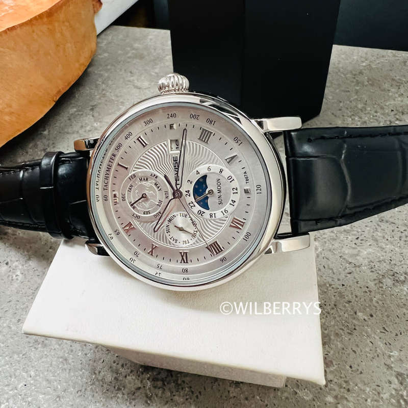 TEVISE ® Mens Namura Moonphase 45mm Tourbi Automatic Leather Watch