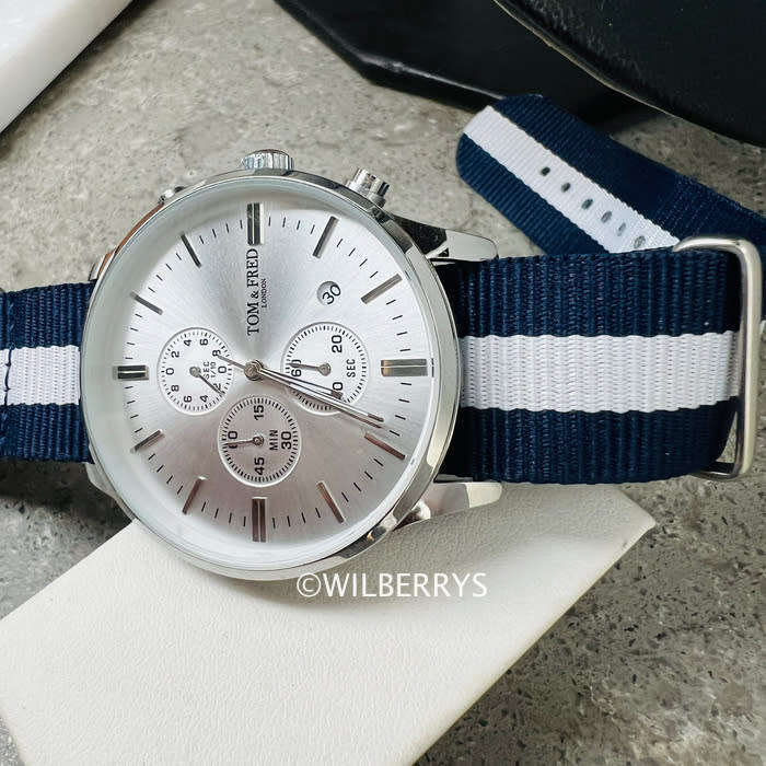 TOM & FRED Piper Chronograph Ice Silver Watch with Nylon Nautical Strap