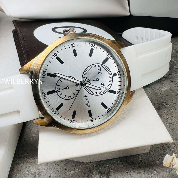 BREDA Mens 43mm Big Tick Brassy Casing NYC White Silicone Strap Watch