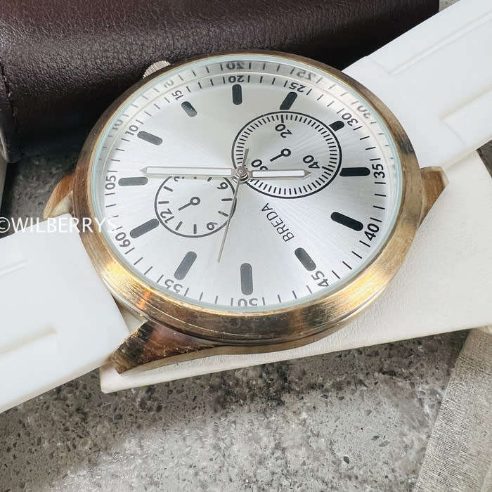 BREDA Mens 43mm Big Tick Brassy Casing NYC White Silicone Strap Watch