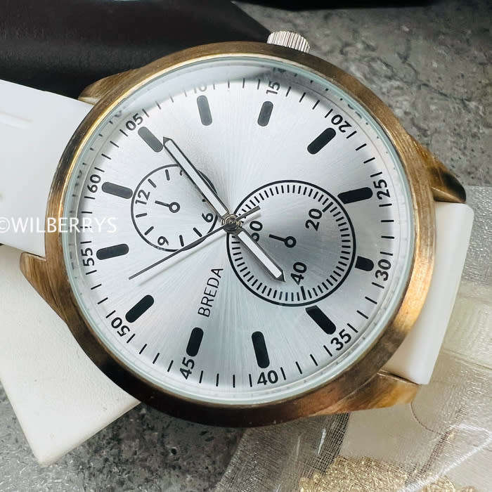 BREDA Mens 43mm Big Tick Brassy Casing NYC White Silicone Strap Watch