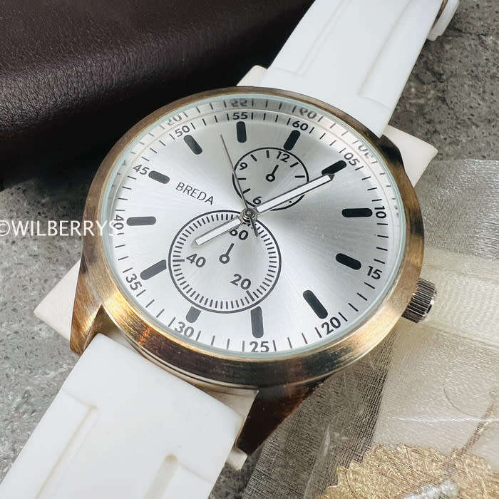 BREDA Mens 43mm Big Tick Brassy Casing NYC White Silicone Strap Watch