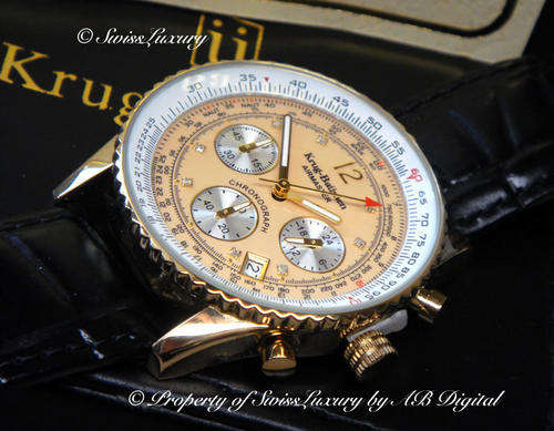 Men's KRUG BAUMEN **Diamond Encrusted** Leather CHAMPAGNE Pilot Slide Ruler Chronograph Watch