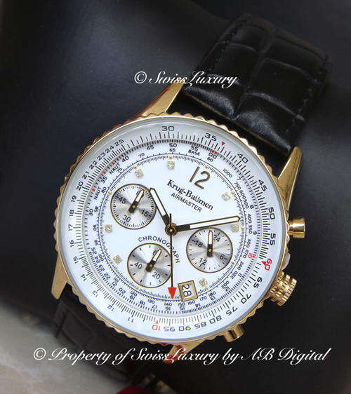 ONLY 1 **DIAMOND** MEN'S KRUG BAUMEN 8 DIAMONDS AIRMASTER PILOT SLIDE RULE WATCH  W/ BOX AND PAPERS