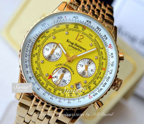 **DIAMOND** MEN'S KRUG BAUMEN AIRMASTER FULL GOLD PLATED PILOT SLIDE RULE WATCH w. PAPERS, 5YR WRNTY